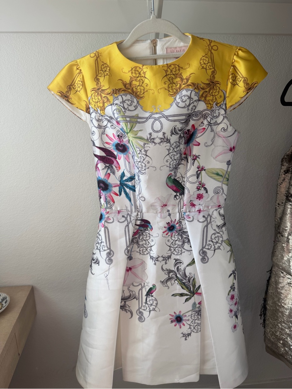 Ted Baker Yellow & White Floral-Print Fit-and-Flare Dress
